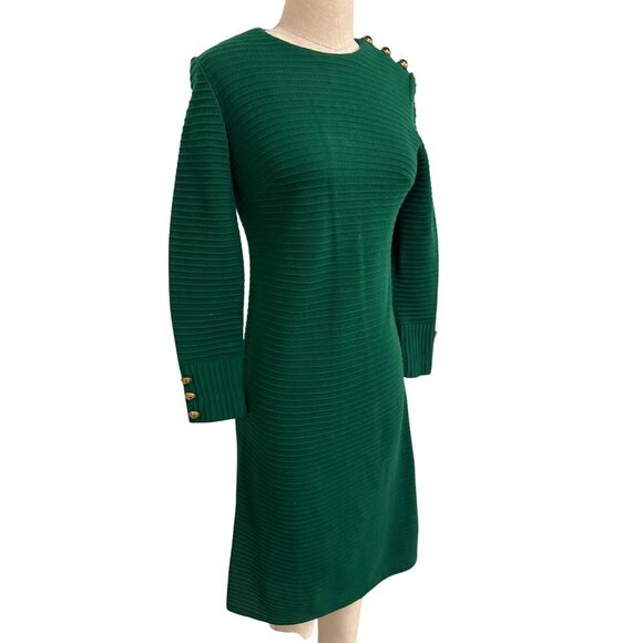 Vintage Miss Couture Green Ribbed Knit Dress With Gold Button Accents - Picture 2 of 14